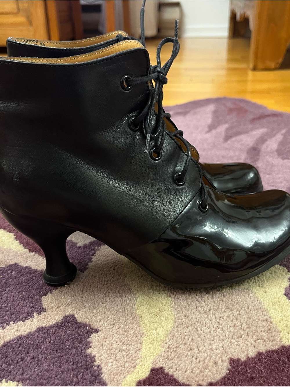 John Fluevog Black Patent and Leather Lace-Up Ankle Boots